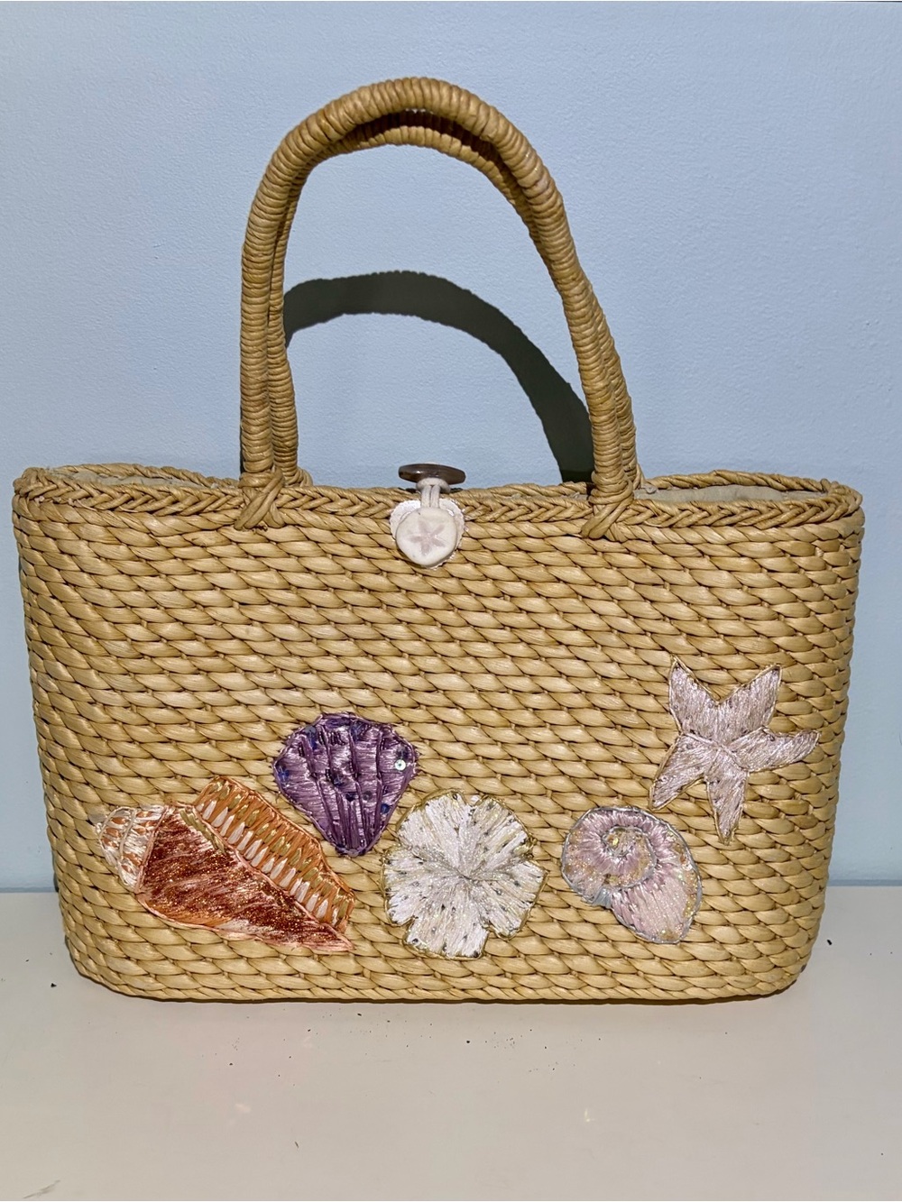 Vintage Capelli Straworld Handbag with Sea Shell Decorative Embroidery